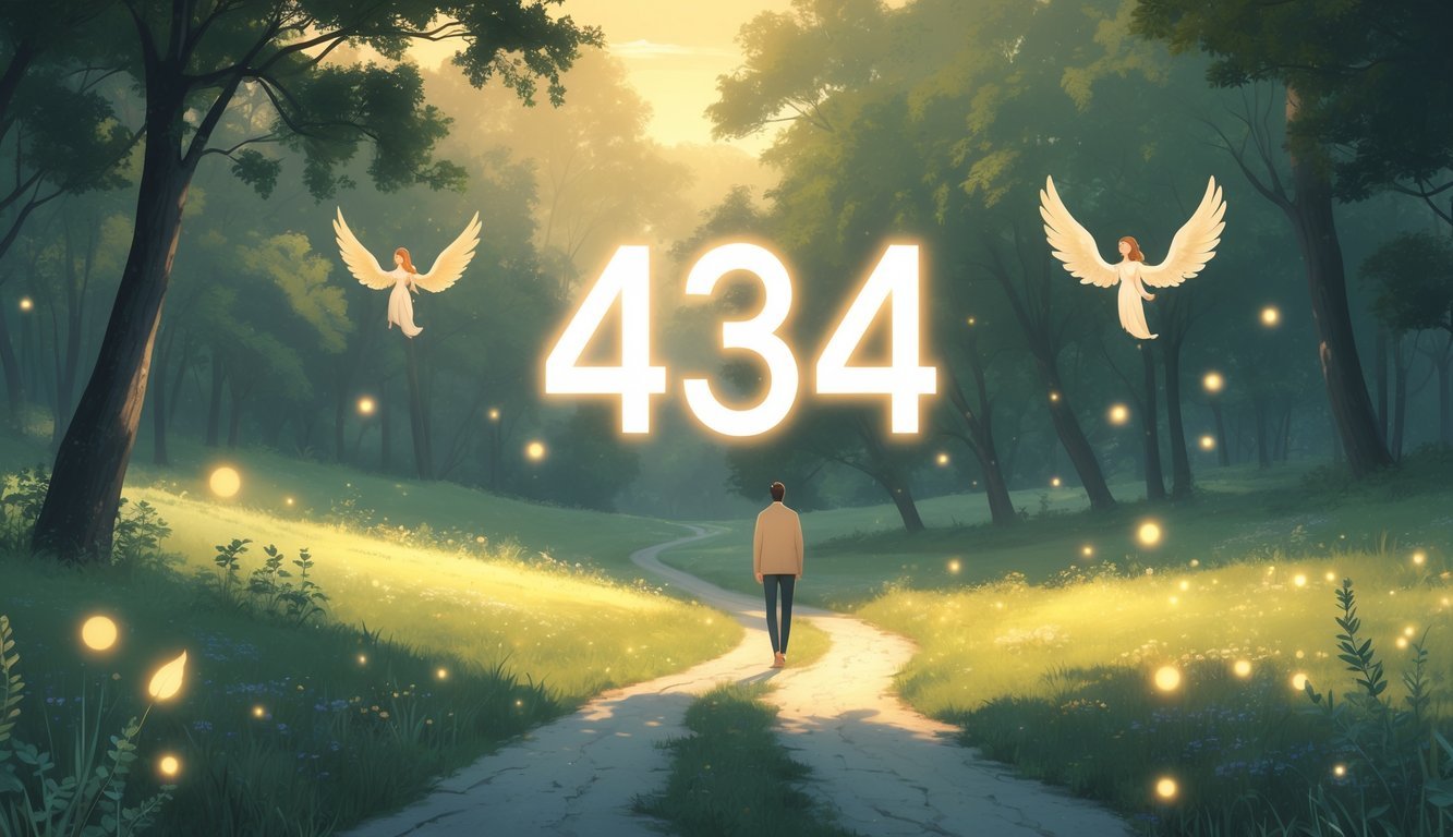A person walking confidently along a sunlit path through a peaceful forest with glowing light orbs around them, symbolizing guidance and staying true to their journey.