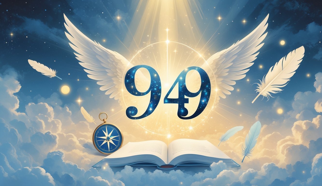 A glowing number 949 surrounded by angelic wings, floating feathers, and soft light beams against a calm, cloudy sky.