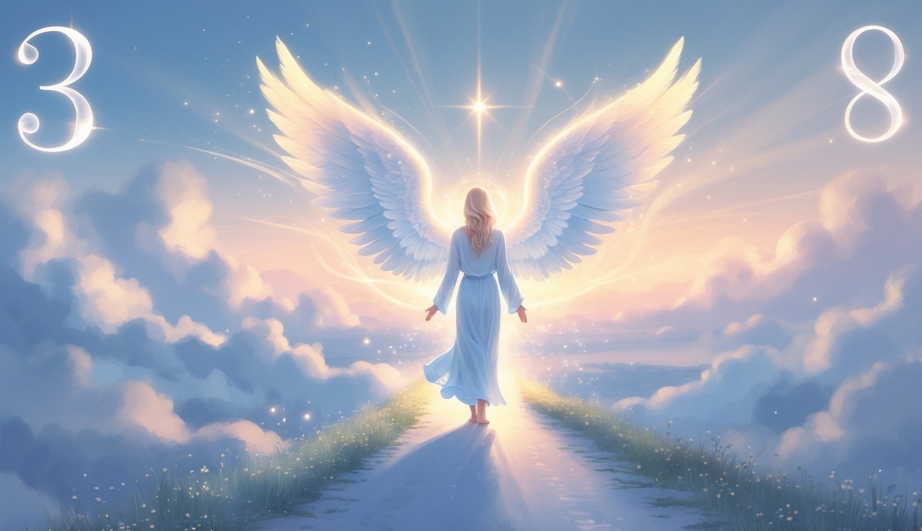 An angelic figure with glowing wings stands on a winding path leading toward a bright, glowing horizon under a pastel-colored sky.