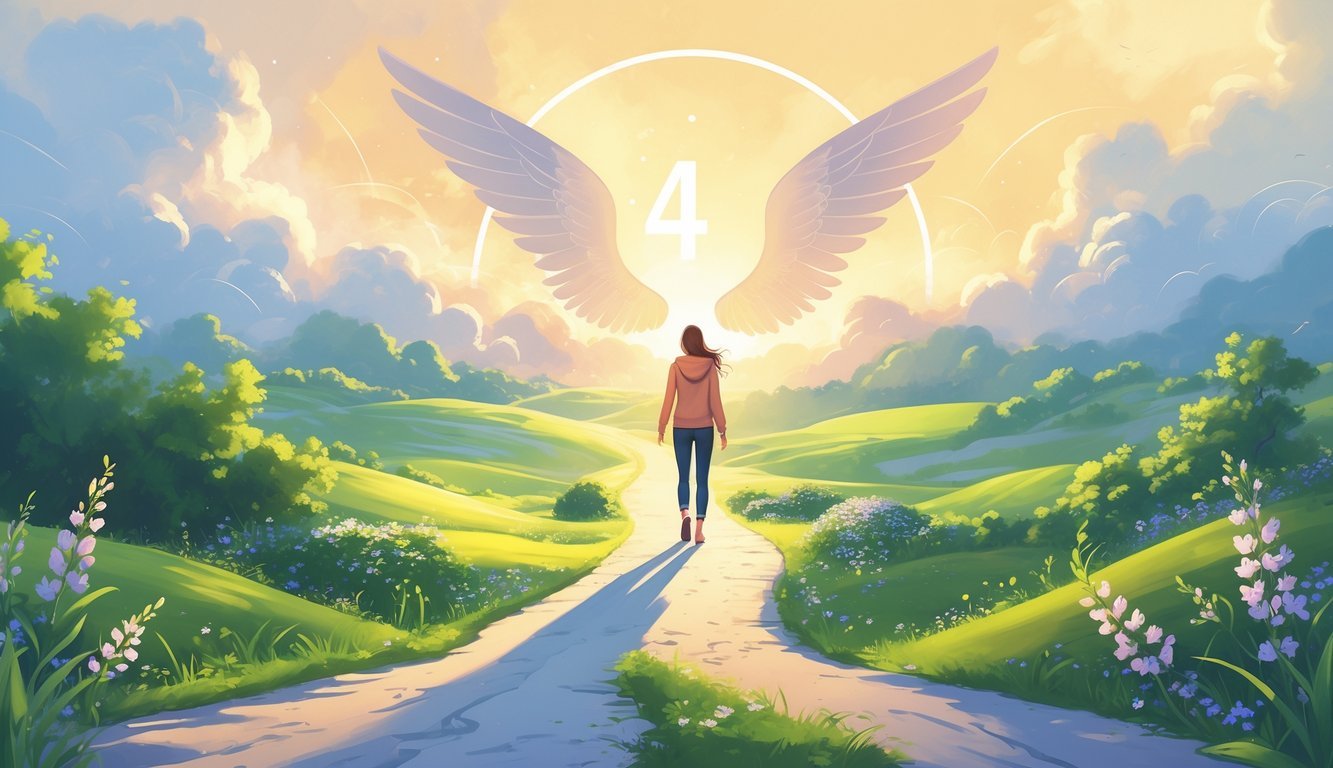A person standing confidently on a winding path through a vibrant landscape with soft glowing light and subtle angelic elements in the sky.