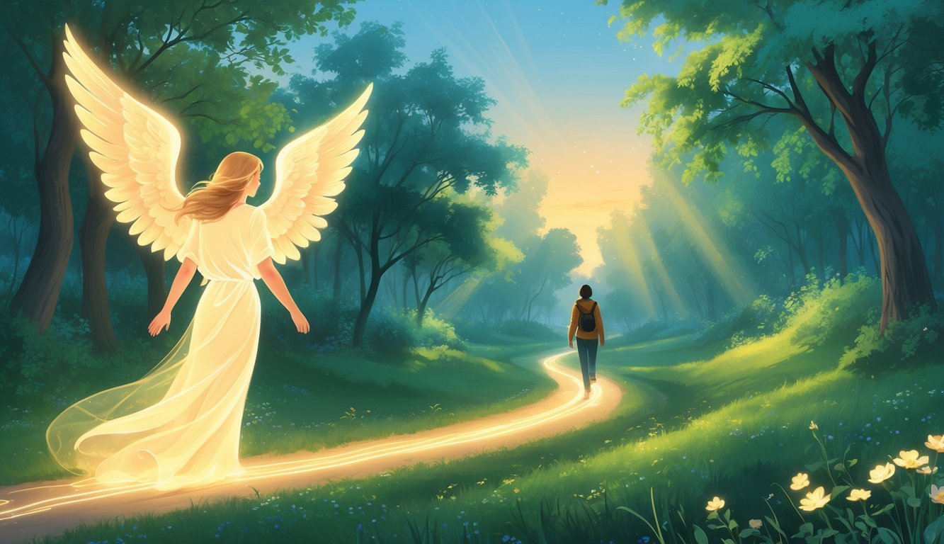 A person walking on a glowing path through a forest, guided by a gentle angel figure with radiant wings under a brightening sky.
