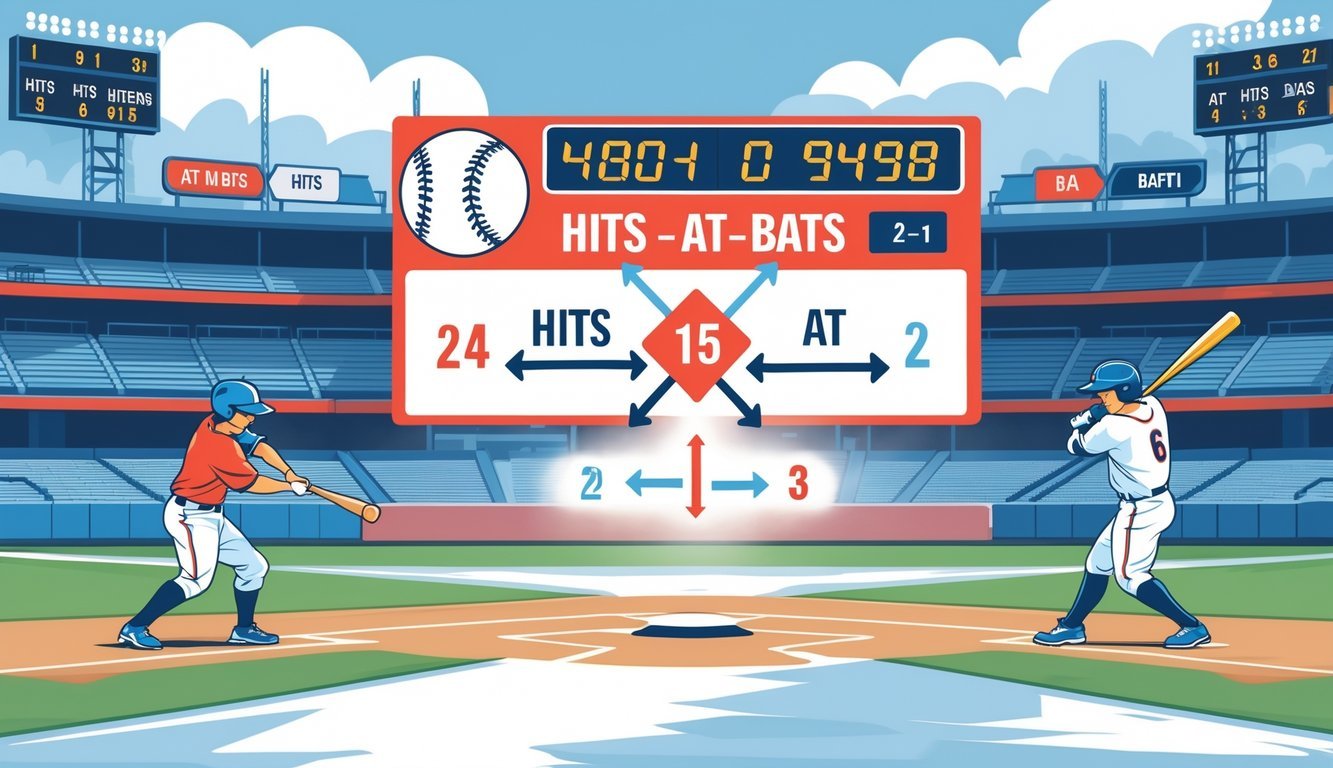 A baseball player at bat with a scoreboard showing hits and at-bats, alongside a visual fraction representing batting average calculation using baseball icons.