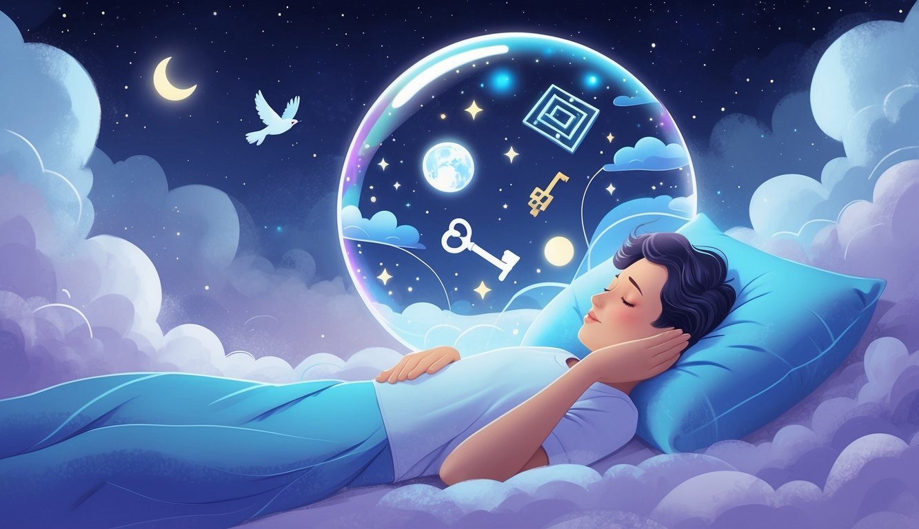 A person sleeping peacefully with a dream bubble above their head containing symbolic images like a moon, key, labyrinth, and bird against a starry night sky.