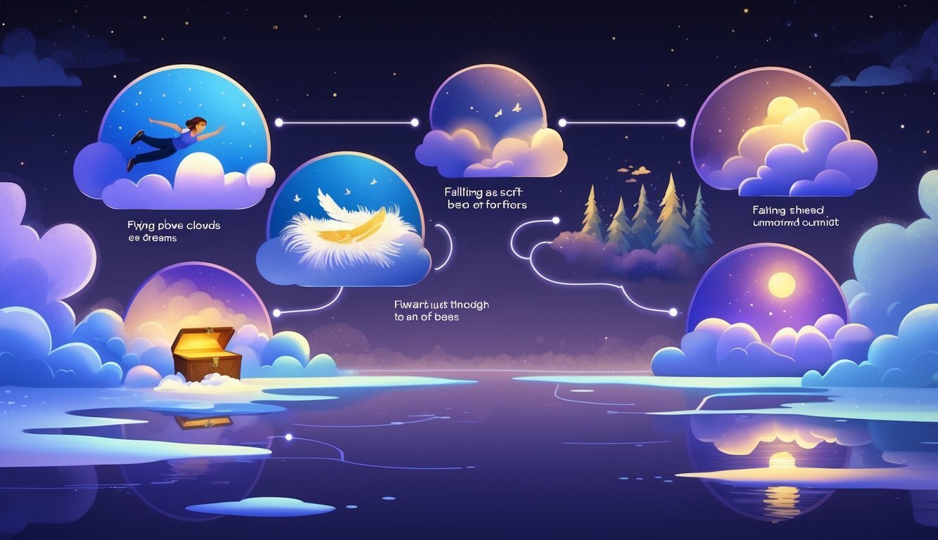 An illustration showing different dream scenes including flying above clouds, falling into feathers, being chased in a forest, finding a treasure chest, and a calm lake reflecting a peaceful face, all connected by glowing lines against a dark blue and purple background.