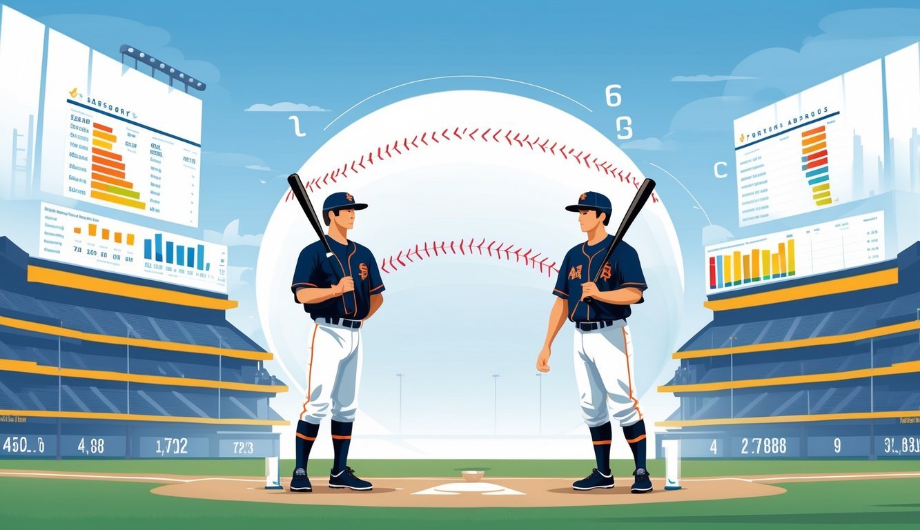 Two baseball players standing side by side with floating charts and graphs showing batting statistics over a baseball field background.