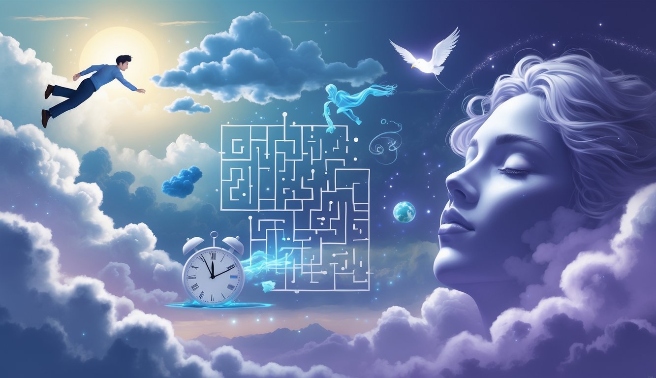 A collage of symbolic dream elements including a falling person, a maze, a flying figure, a melting clock, a shadowy figure, and a peaceful sleeping face surrounded by soft glowing shapes.