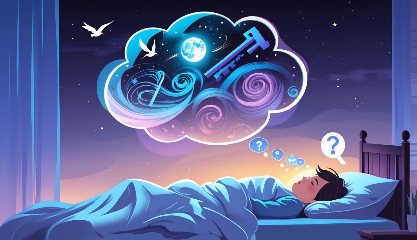 A person sleeping peacefully in bed with a thought bubble above showing symbolic dream images like a bird, key, and moon, surrounded by question marks and magnifying glasses.