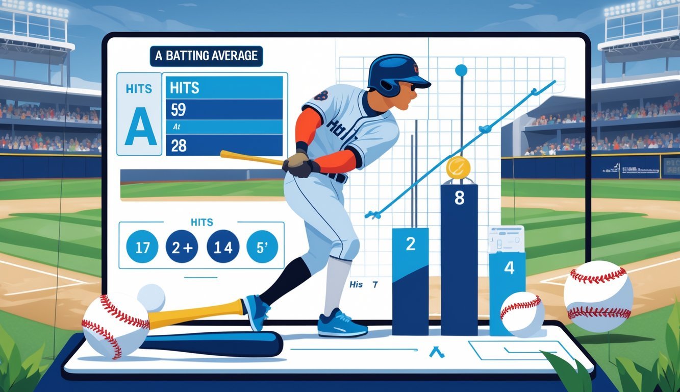 A baseball player at bat with a scoreboard showing hits, at-bats, and batting average, alongside icons representing the calculation formula, set against a baseball field background.
