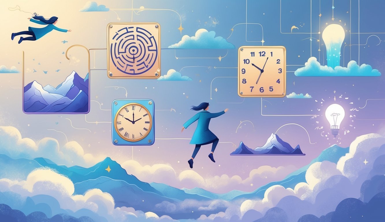 A dreamlike scene showing floating images of a person flying, a maze, a melting clock, a shadowy figure, a bright doorway, and a falling figure, each representing different common dream themes.
