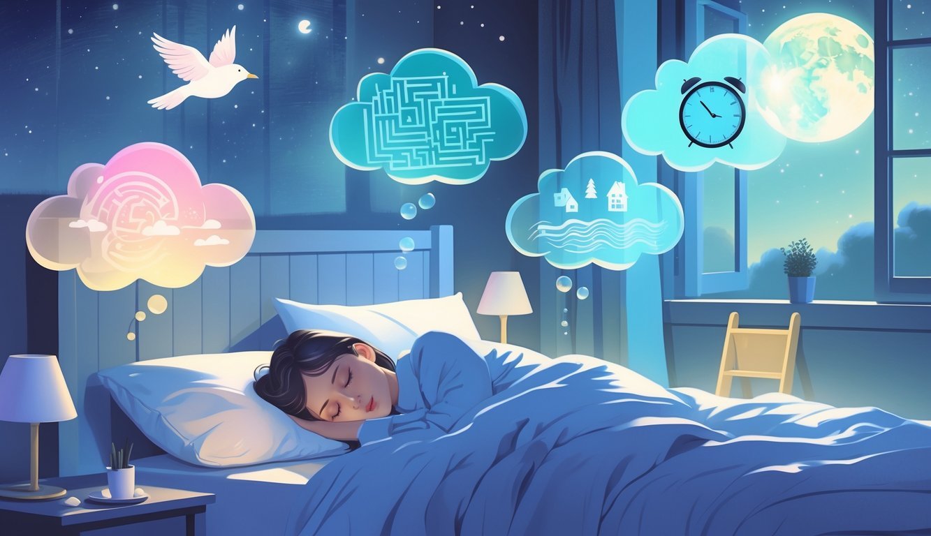 A person sleeping peacefully in a bedroom at night with dream-like bubbles around them showing symbols like a bird, maze, clock, house, waves, and ladder.