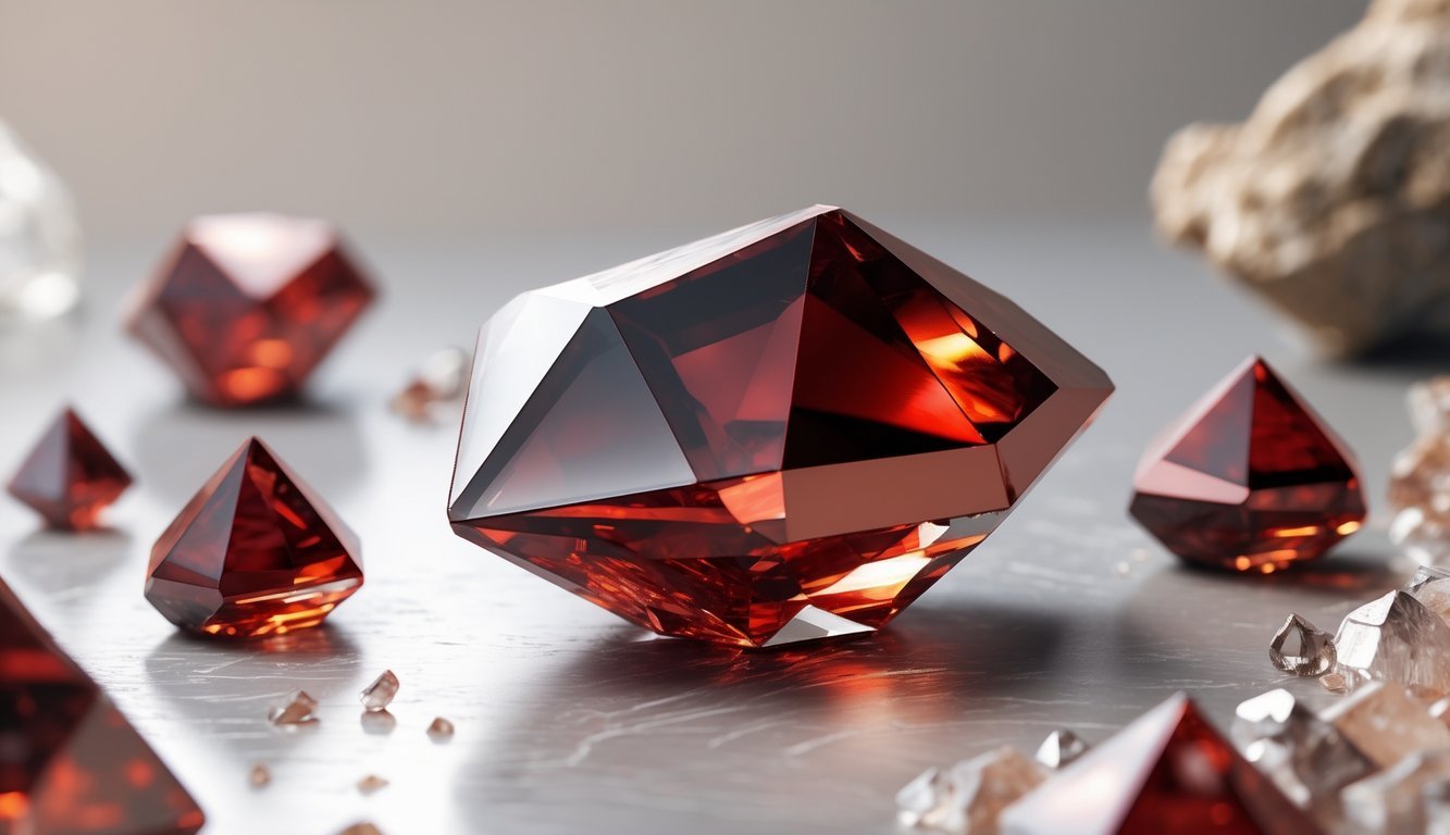 A detailed illustration of a red garnet crystal with sharp facets and smaller crystal fragments around it.