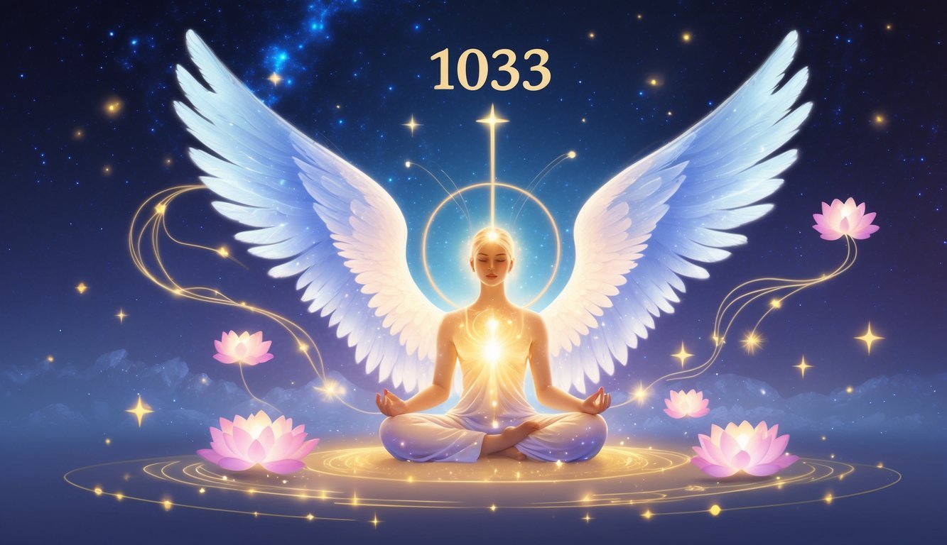 A glowing figure meditating surrounded by soft lights, angel wings, stars, and spiritual symbols in a cosmic background.