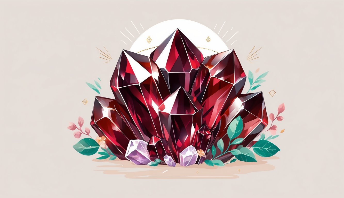 A detailed illustration of a deep red garnet crystal cluster surrounded by glowing energy and natural elements like leaves and flowers.