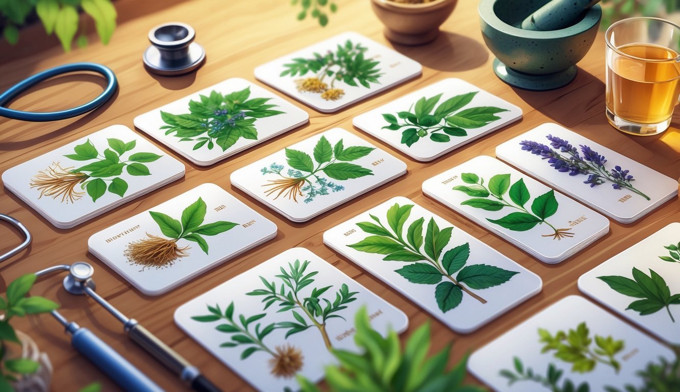 A set of medicine cards showing illustrations of medicinal plants laid out on a table with healthcare items nearby.