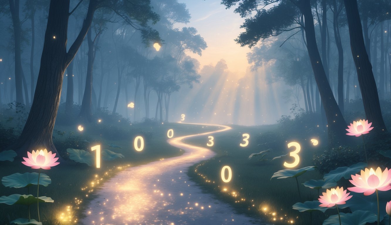 A glowing pathway winding through a peaceful forest with soft sunlight filtering through the trees and floating feathers and lotus flowers around it.