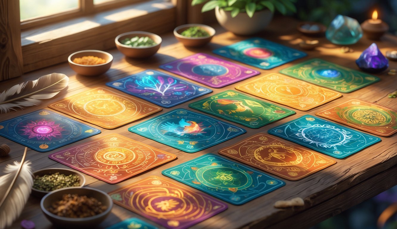 A wooden table with a spread of colorful medicine cards featuring animals and plants, surrounded by feathers, crystals, and herbs.