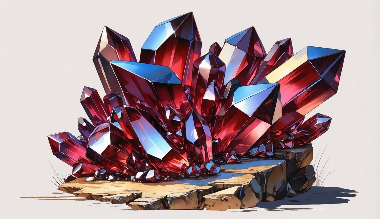 A cluster of deep red garnet crystals with geometric shapes resting on a rough stone base.