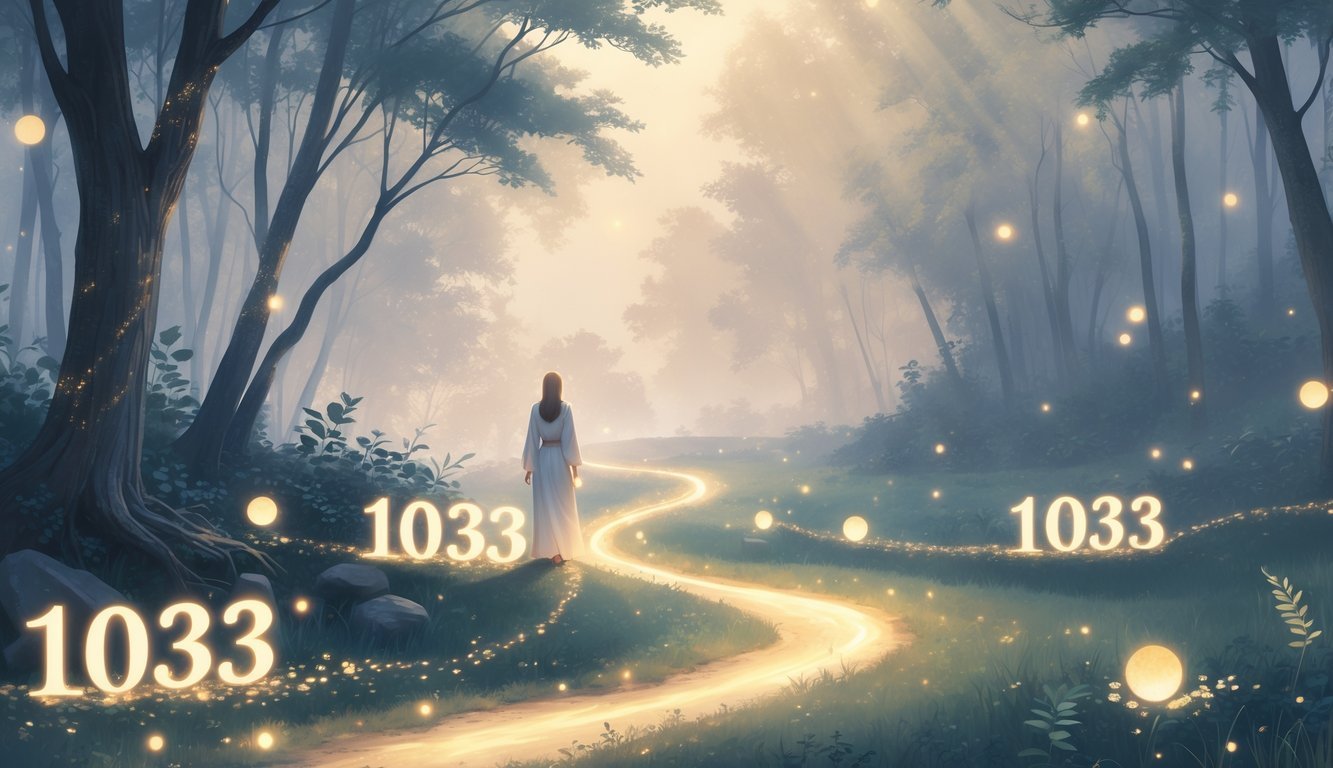 A person walking along a glowing forest path surrounded by soft light and subtle floating numbers 1033, with angelic wings faintly visible in the sky.