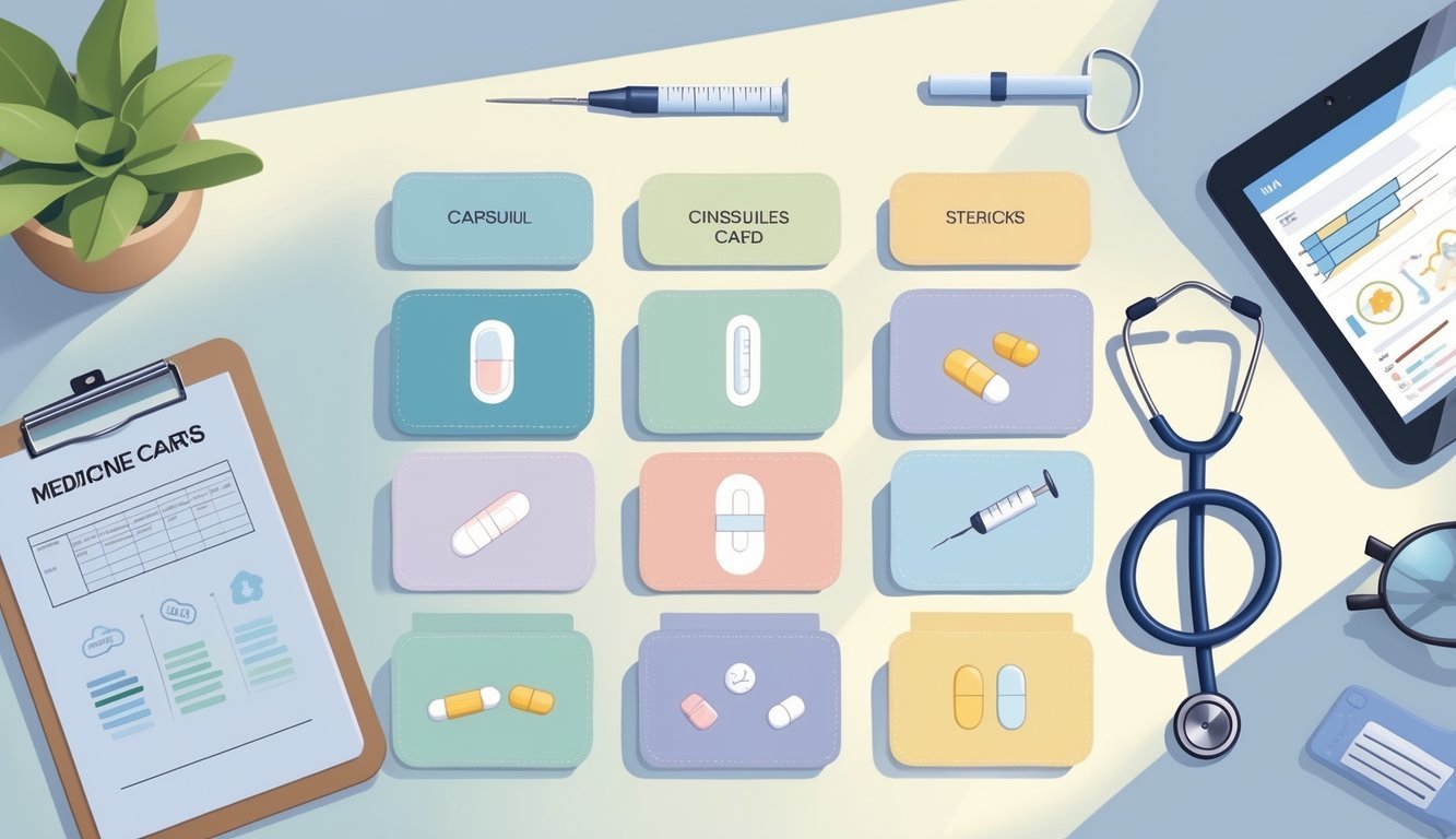A set of medicine cards with medical icons arranged neatly on a surface alongside healthcare-related items like a clipboard, eyeglasses, and a tablet.