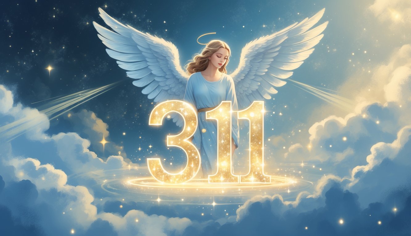 A glowing angel hovering above a bright, ethereal number 311 surrounded by soft light and a starry sky.
