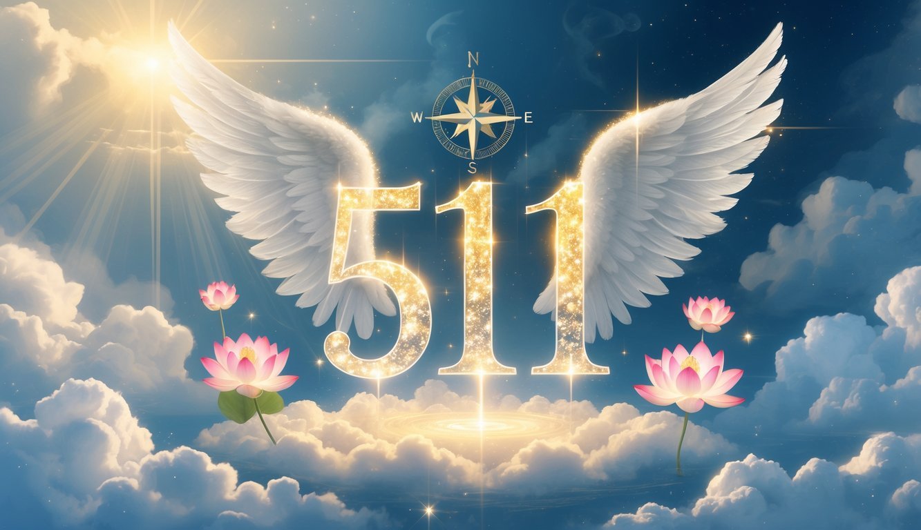 A glowing number 5151 surrounded by angel wings, light rays, a compass, and lotus flowers against a soft cloudy sky.