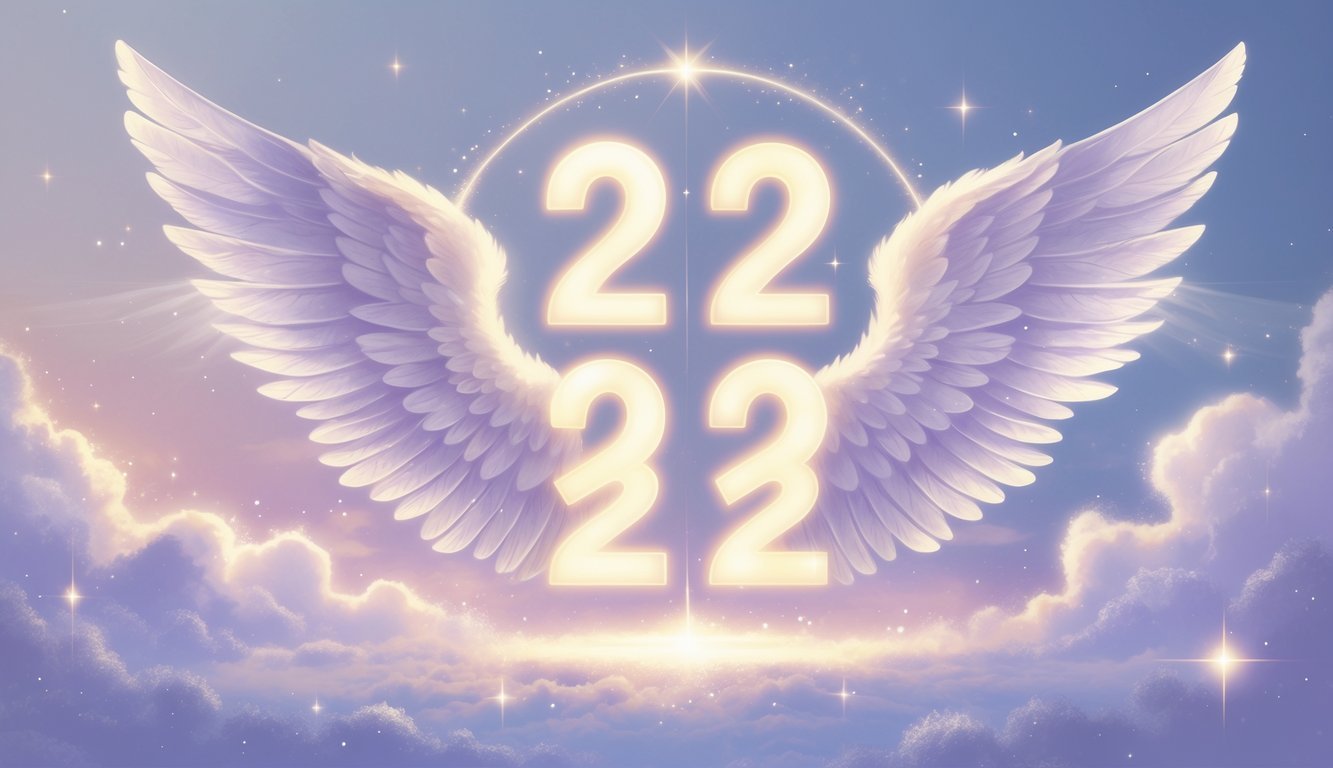 A glowing cluster of four number twos surrounded by angel wings and soft light in a peaceful sky with clouds and gentle beams of light.