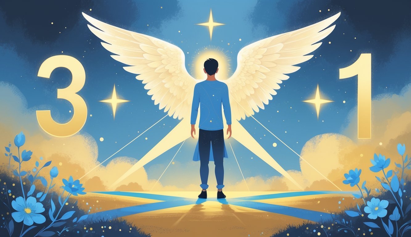 A glowing angel hovers above a person standing at a crossroads surrounded by symbols of growth and guidance in a peaceful, radiant setting.