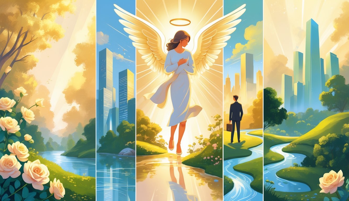 An angelic figure with glowing wings above a landscape divided into three parts showing love with two people embracing, career with a person in a cityscape holding a briefcase, and life with a person walking along a river in nature.
