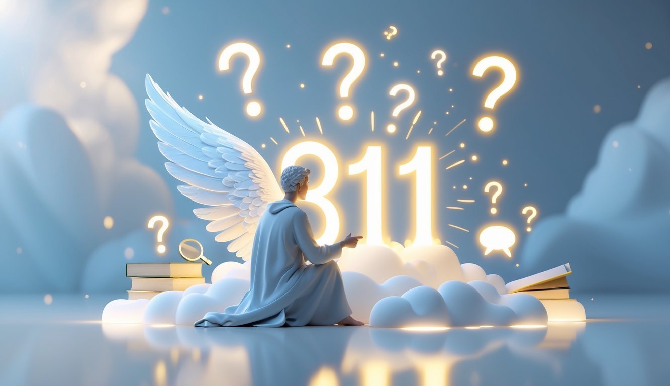 An angelic figure points towards a glowing number 311 surrounded by floating question marks and symbols of knowledge in a soft, glowing environment.