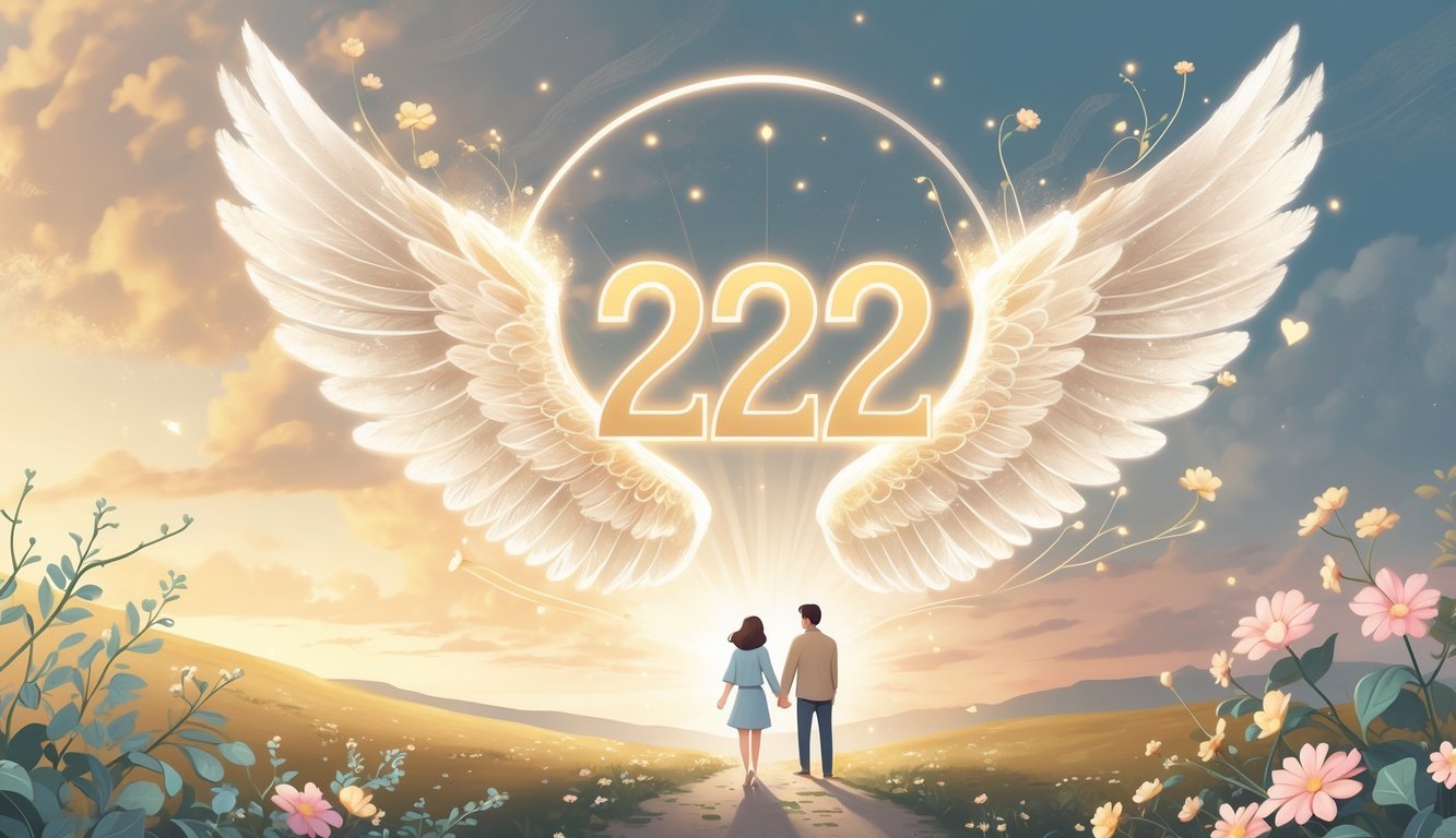 A glowing number 2222 appears above a couple holding hands, surrounded by light wings, flowers, and a path leading to a bright horizon.