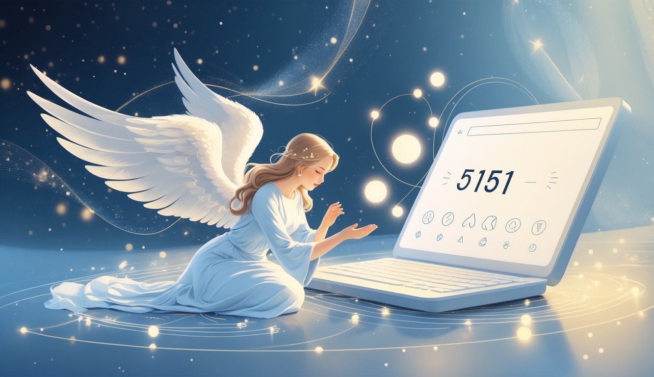 An angelic figure with wings surrounded by glowing lights and abstract symbols in a serene celestial setting.