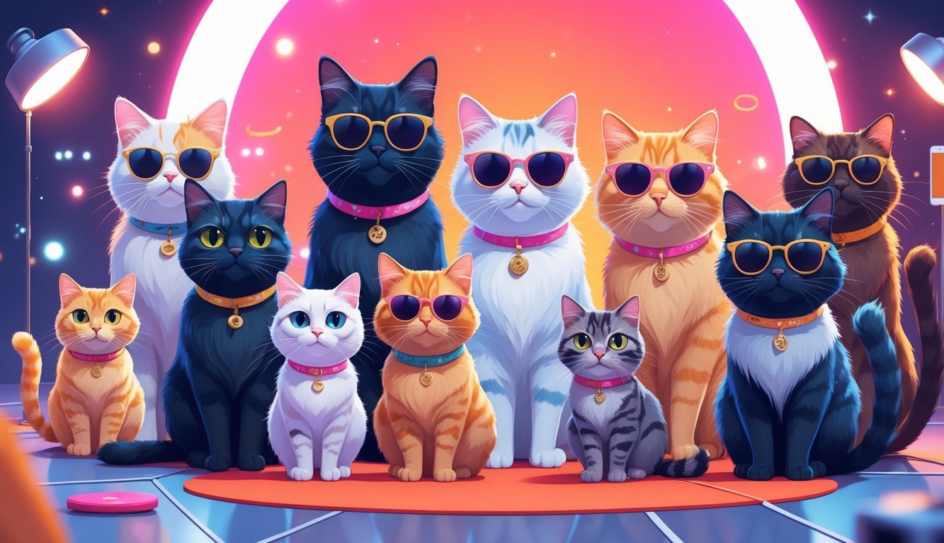 A group of stylish and expressive cats posing together as social media stars at a glamorous event.