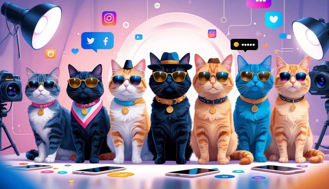 A group of fashionable cats posing as social media celebrities with cameras and digital icons around them.