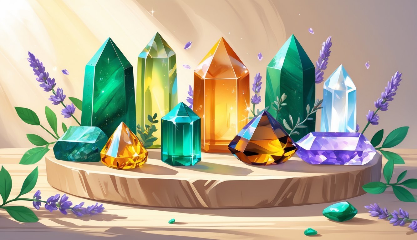 A collection of various crystals known for good luck and success arranged on a wooden surface with green leaves and soft natural lighting.