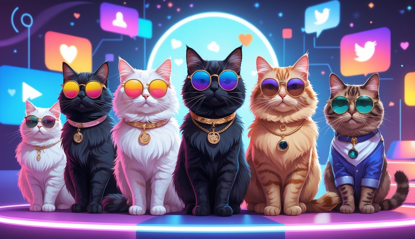 A group of fashionable cats posing on a colorful stage with digital icons in the background, representing social media celebrity cats of 2024.