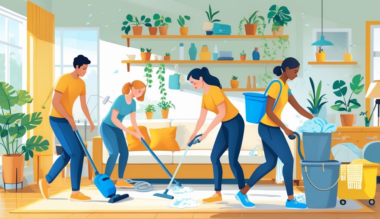 People doing different housework tasks like vacuuming, mopping, dusting, and carrying laundry inside a bright home.