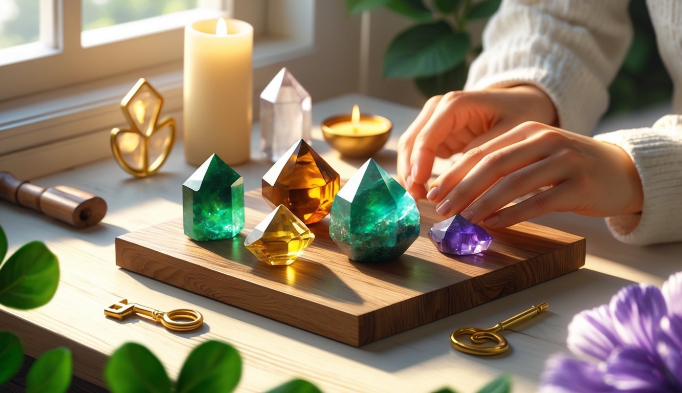 A peaceful scene showing hands holding a glowing crystal above a wooden table with various crystals and symbols of good luck and success.