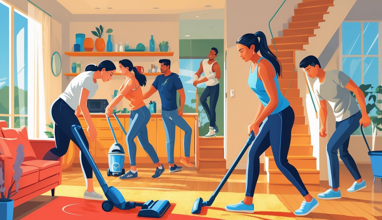 People doing various housework tasks like vacuuming, scrubbing floors, dusting, and carrying laundry inside a bright home.