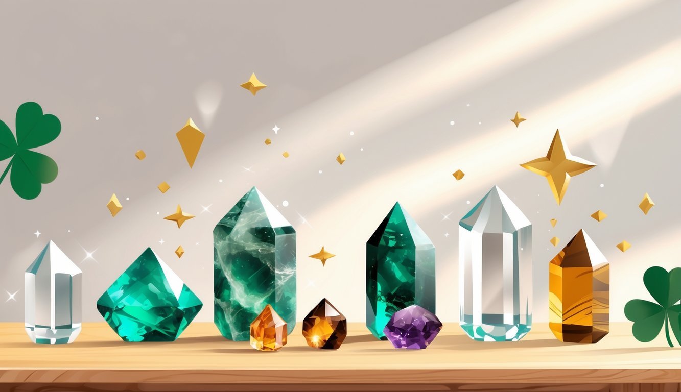 A collection of polished crystals on a wooden table with small symbols representing luck and success around them.
