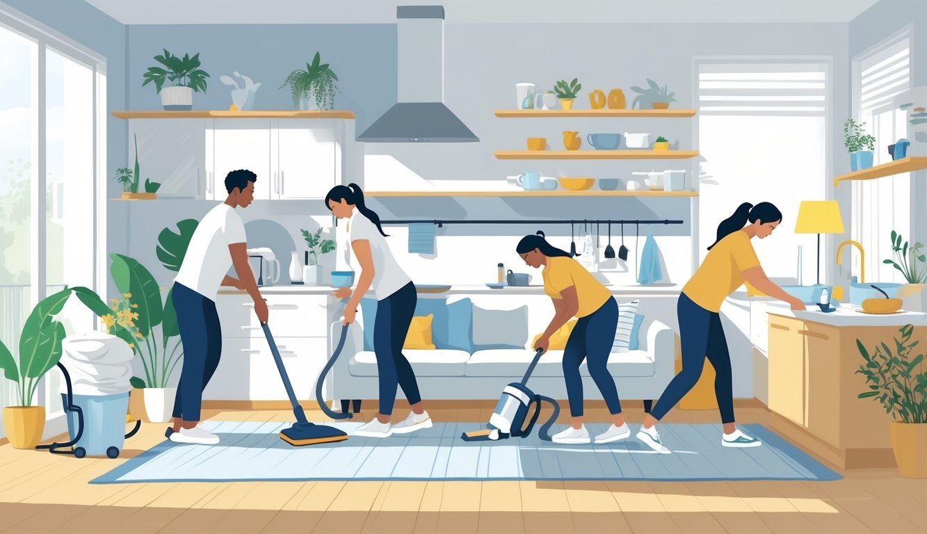People doing different housework tasks like vacuuming, washing dishes, dusting, and folding laundry in a bright home.