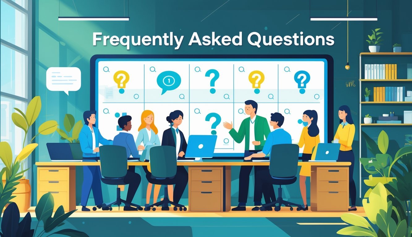 A group of people collaborating around a digital screen with icons representing questions and answers in a modern office setting.