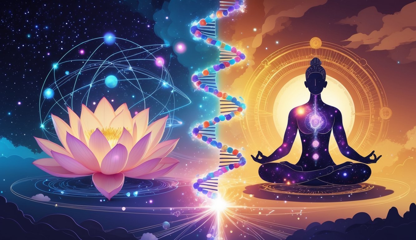 A scene showing a glowing DNA helix and atomic structures blending with a meditating figure, lotus flower, and mandala patterns under a starry sky transitioning to a golden sunrise.
