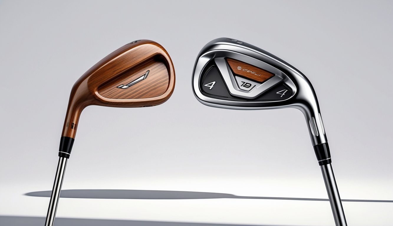 A side-by-side comparison of a 7 wood golf club and a 4 hybrid golf club showing their different clubhead shapes and designs.