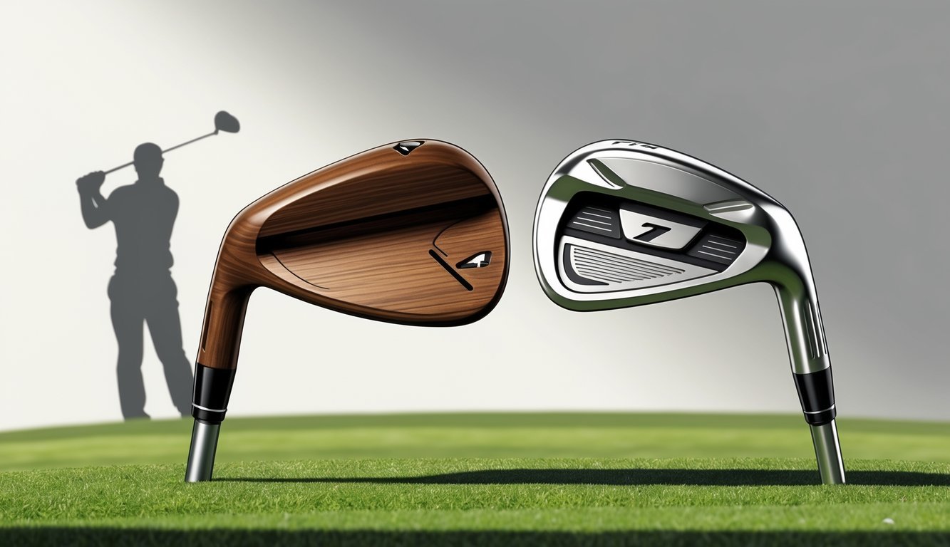 Two golf clubs, a 7 wood and a 4 hybrid, displayed side by side on a golf course green with a golfer silhouette in the background.