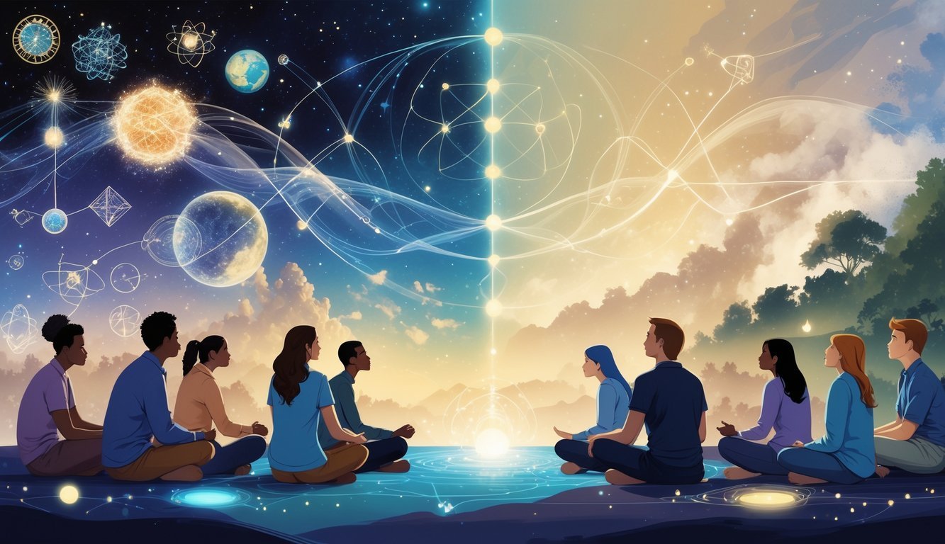 A group of diverse people reflecting deeply, surrounded by symbols of science like molecules and stars on one side, and spiritual light and energy on the other, with a background blending a cosmic starfield and natural landscape.
