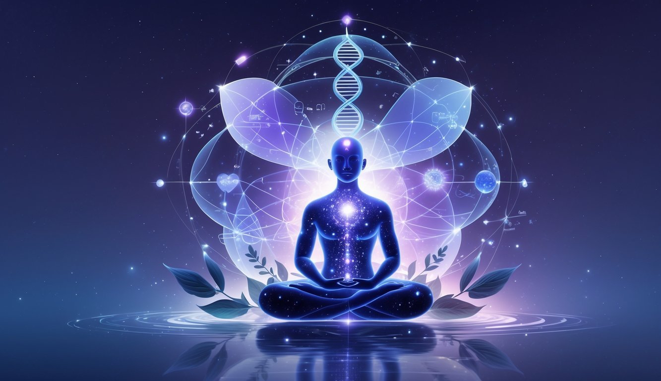 A glowing human figure meditating surrounded by scientific symbols like DNA and atoms, combined with cosmic and natural elements such as stars and leaves.