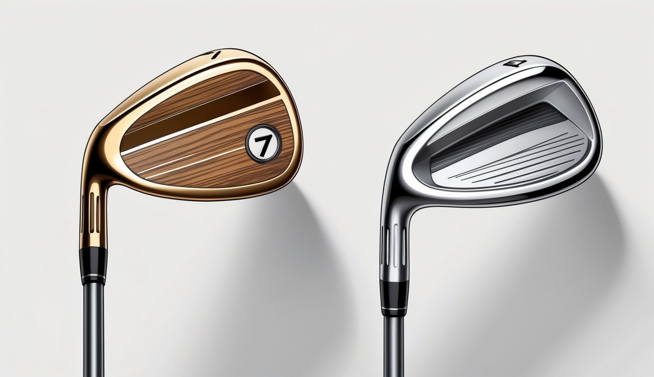 Two golf clubs side by side, a 7 wood with a wooden finish on the left and a 4 hybrid with a metallic finish on the right, shown on a plain background.