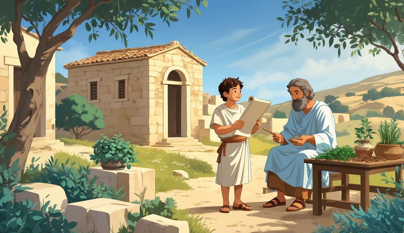 A young Hippocrates in an ancient Greek village learning about medicinal herbs from a family member, surrounded by stone buildings and olive trees.