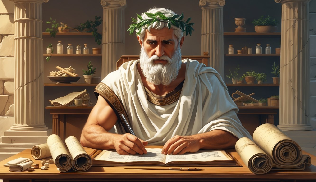 An ancient Greek man in traditional clothing sits at a wooden desk with scrolls and medical symbols around him in a classical stone room.