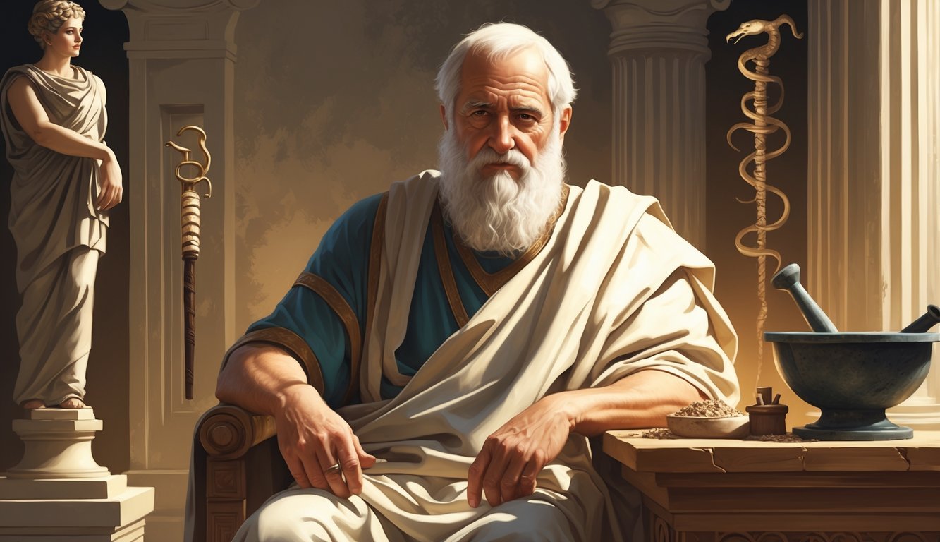 An elderly man in ancient Greek robes seated in a classical setting with columns and medical symbols around him.